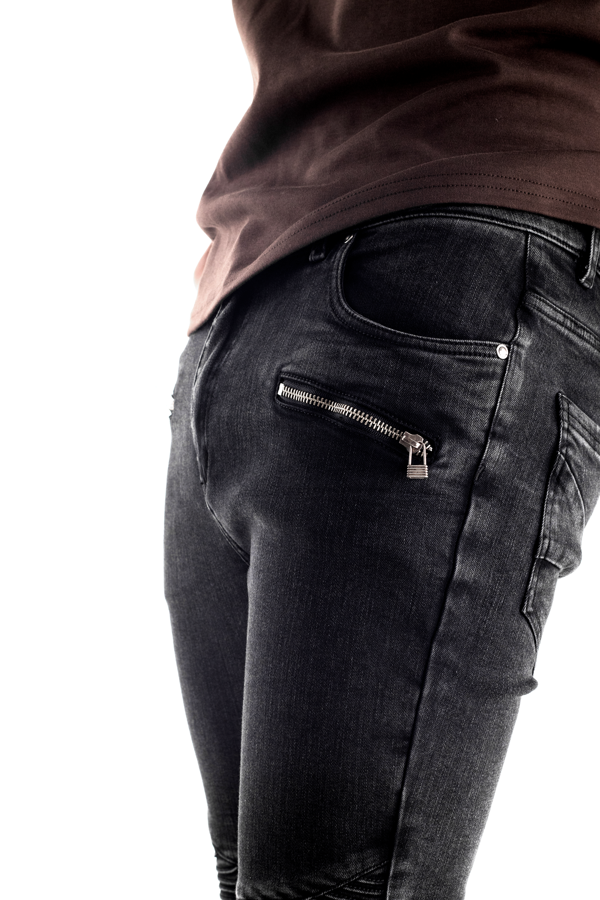 Zipper Slim Biker Jeans Men's Stretch Slim Fit Biker Jeans With