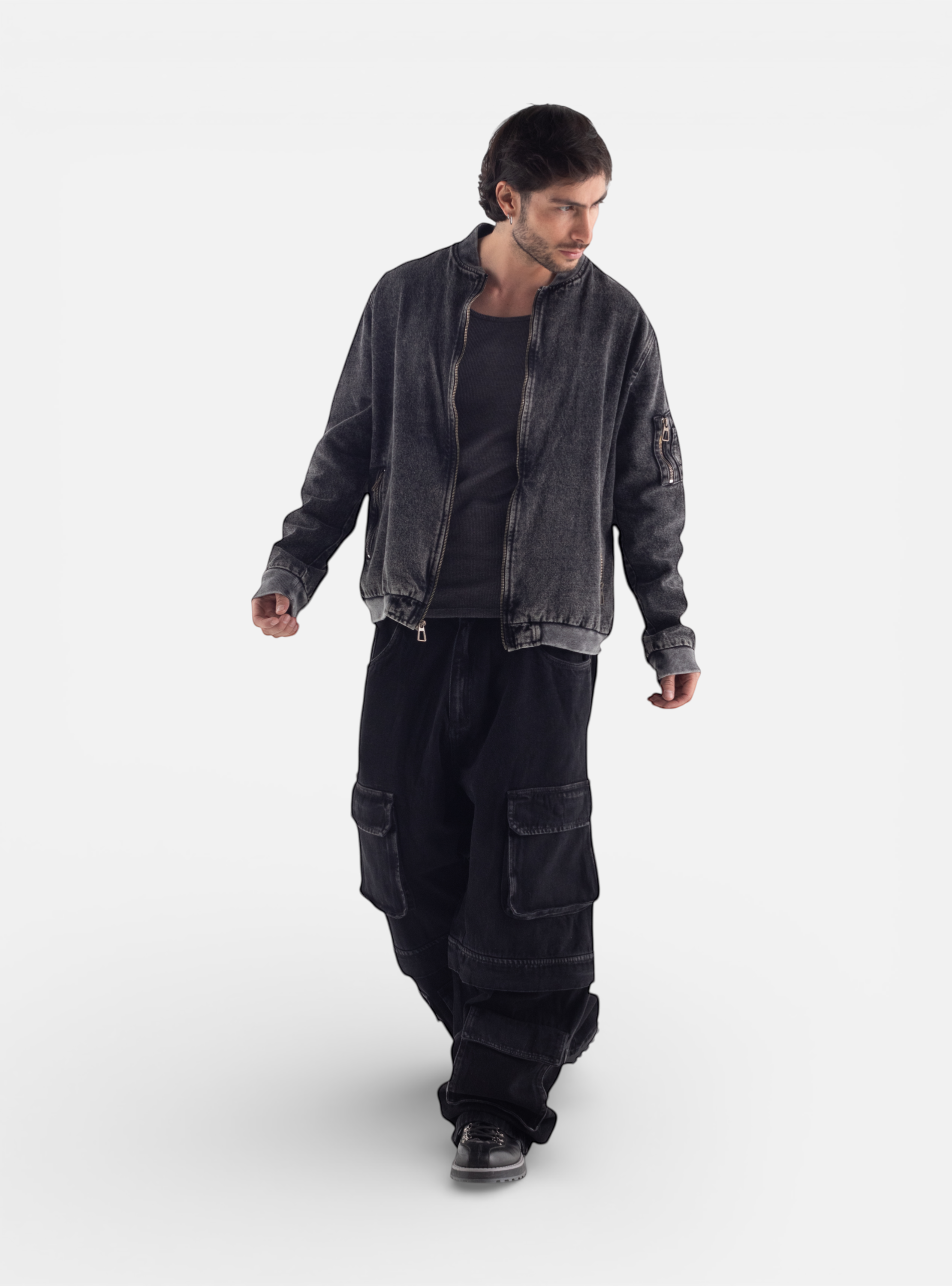 Fxckboy black relaxed fit denim cargo pants with multiple pockets and detachable legs for urban shorts.