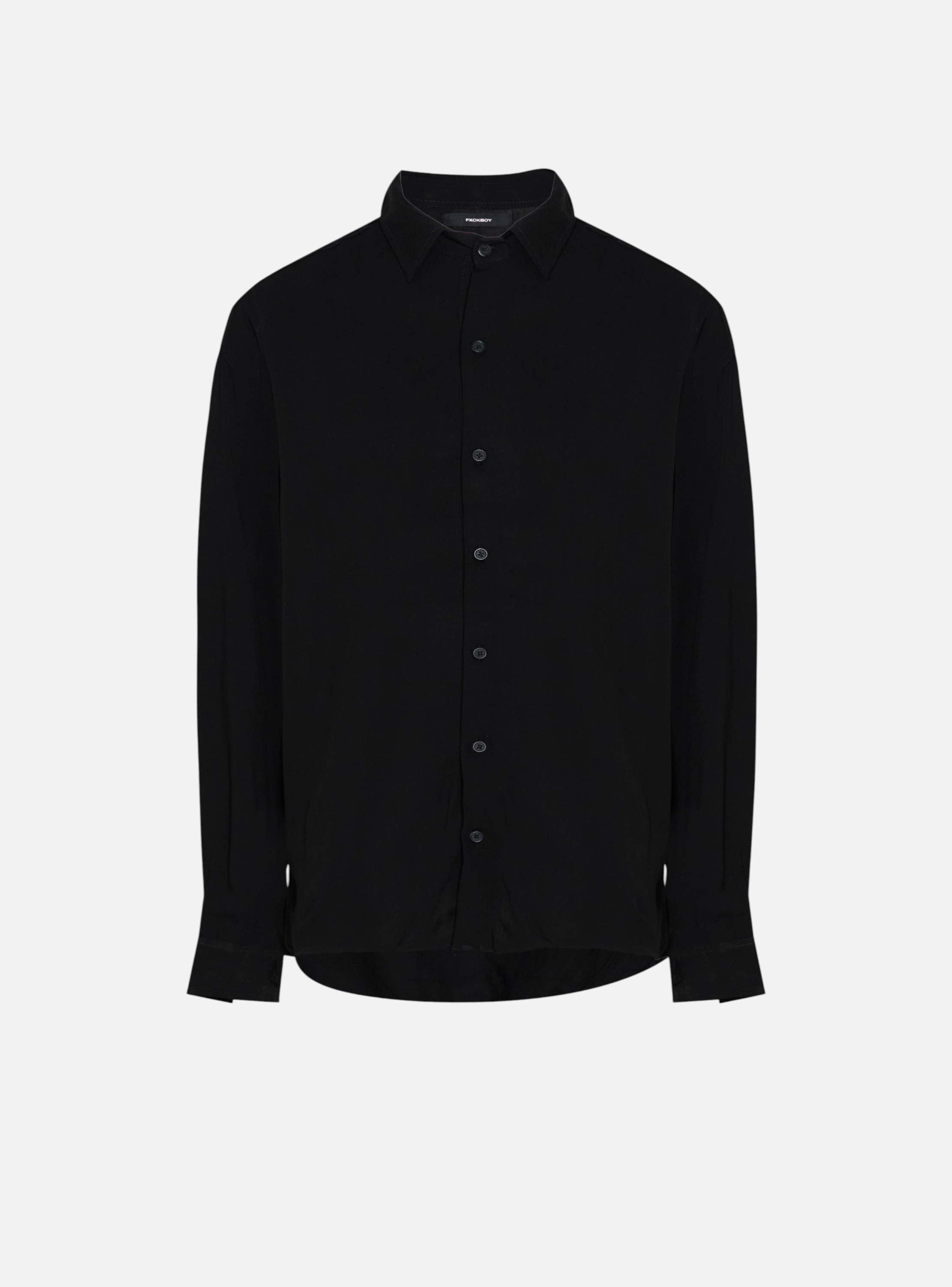 Fxckboy black relaxed fit long sleeve collared shirt with button closure.
