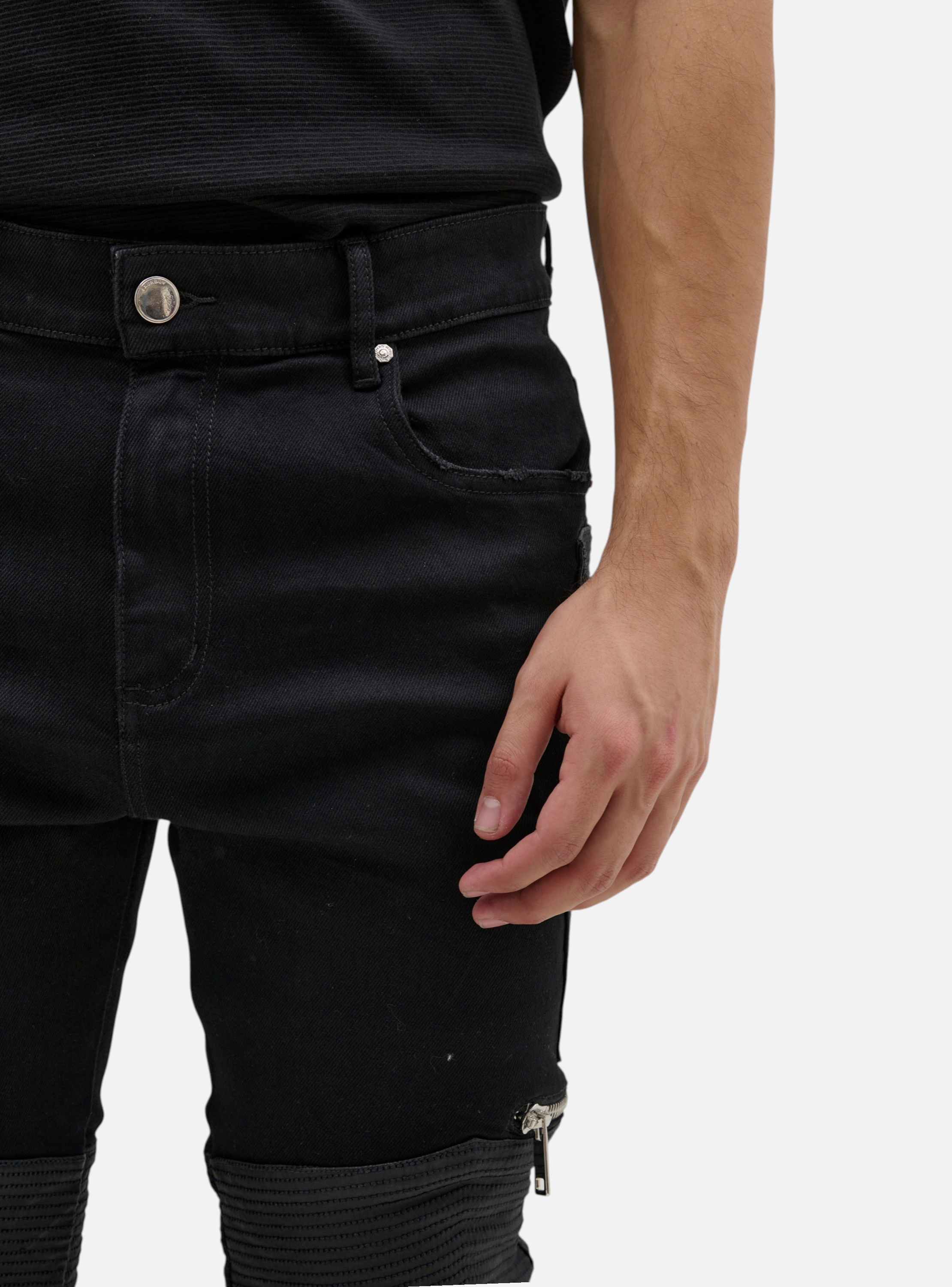 Fxckboy black skinny techno shield jeans with faux leather details and zippers. Cotton-polyester blend.