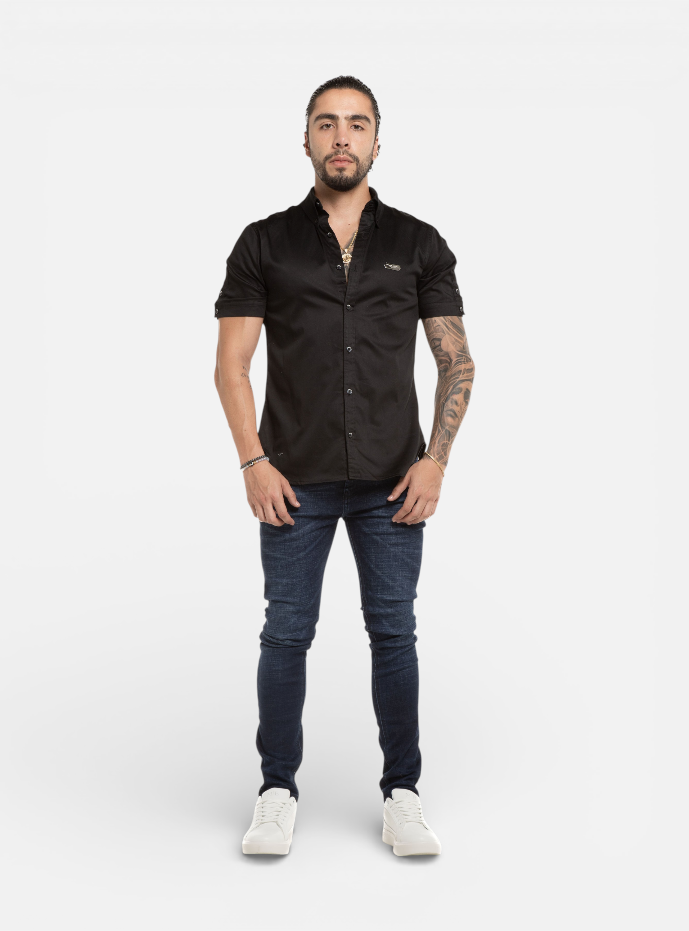 Fxckboy black slim fit stretch satin shirt with silver accents and raised collar.