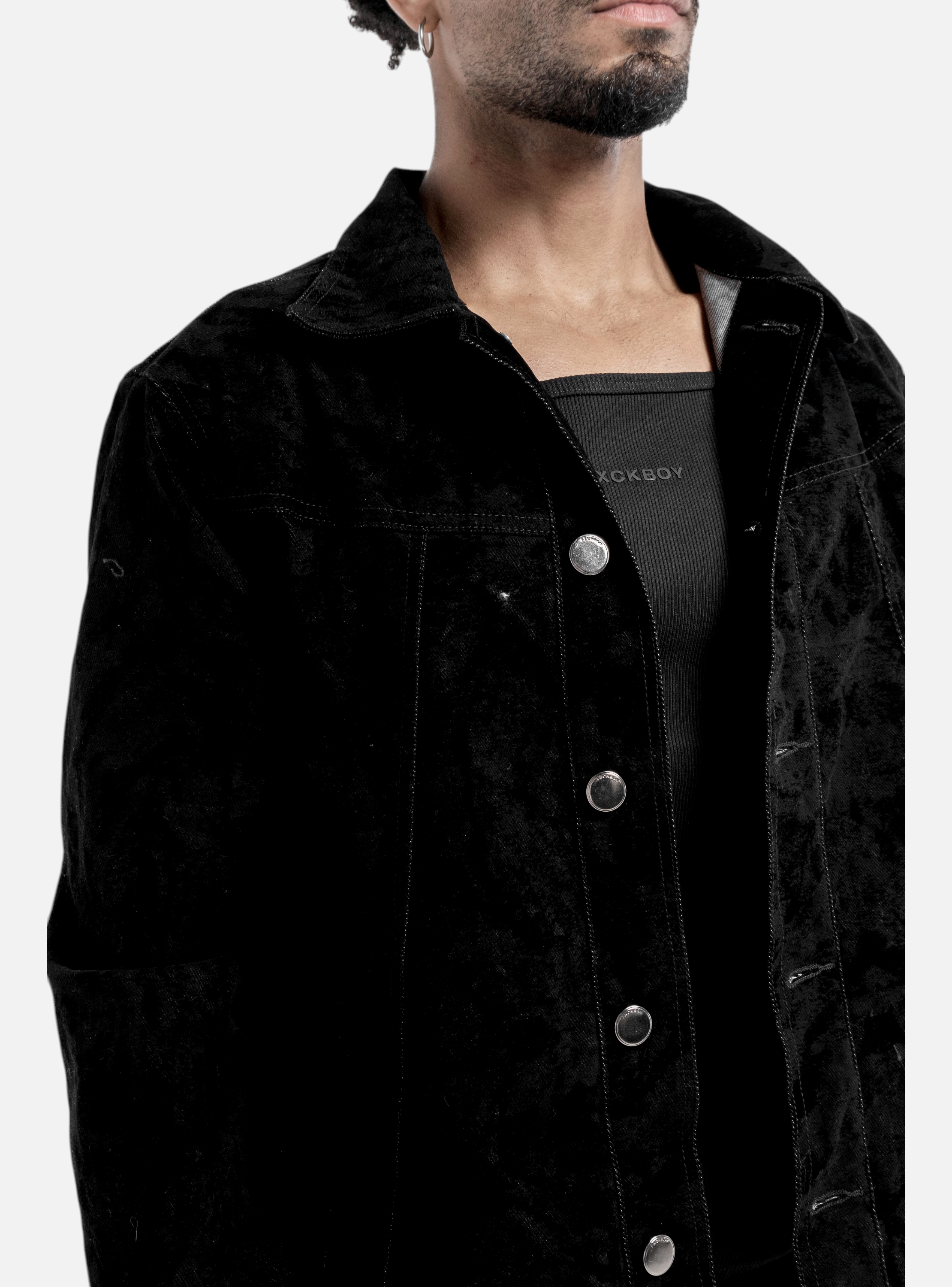Fxckboy black velvet regular fit jacket with panther texture and silver button details.
