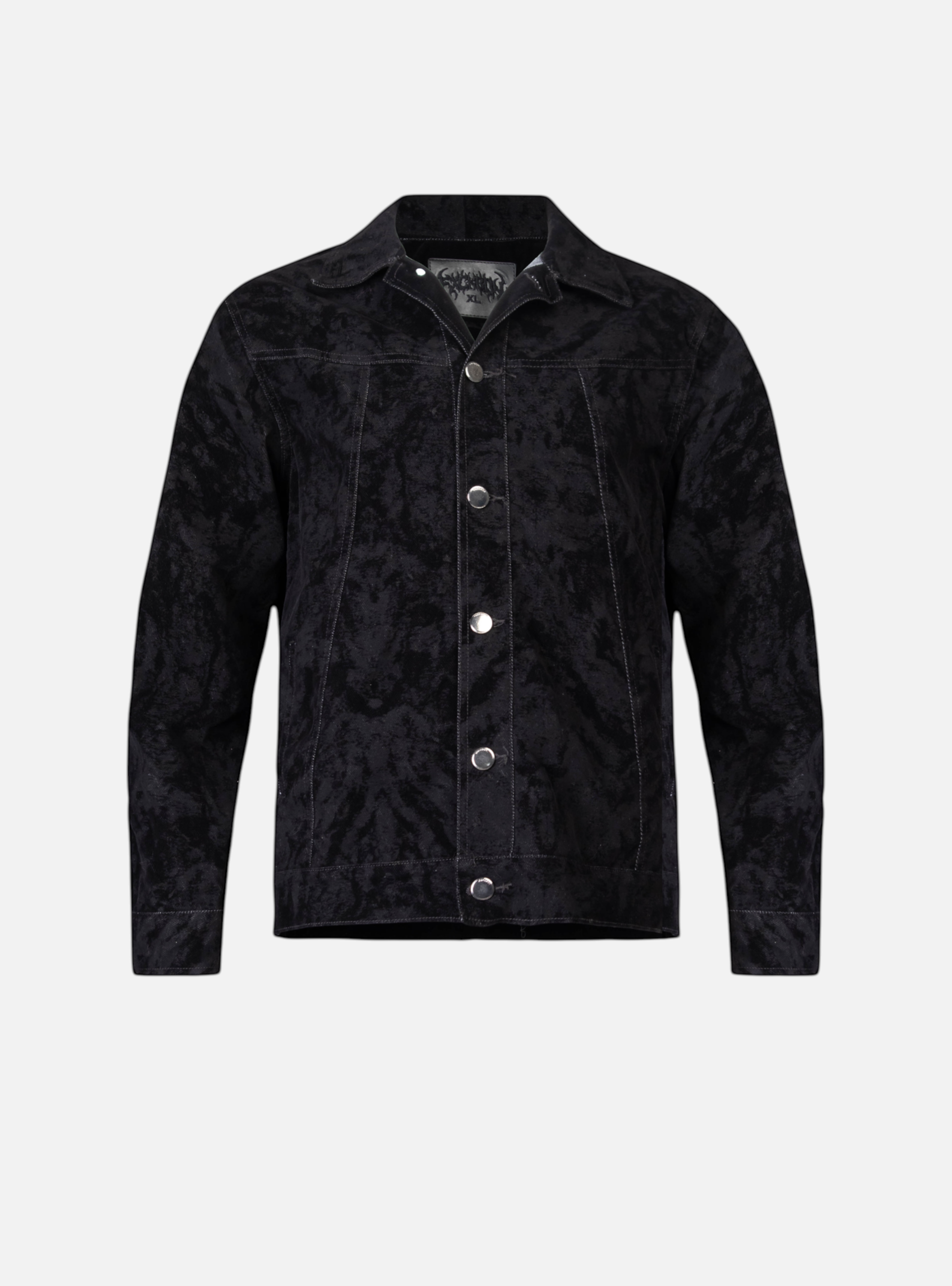 Fxckboy black velvet regular fit jacket with panther-like texture and silver button closure.