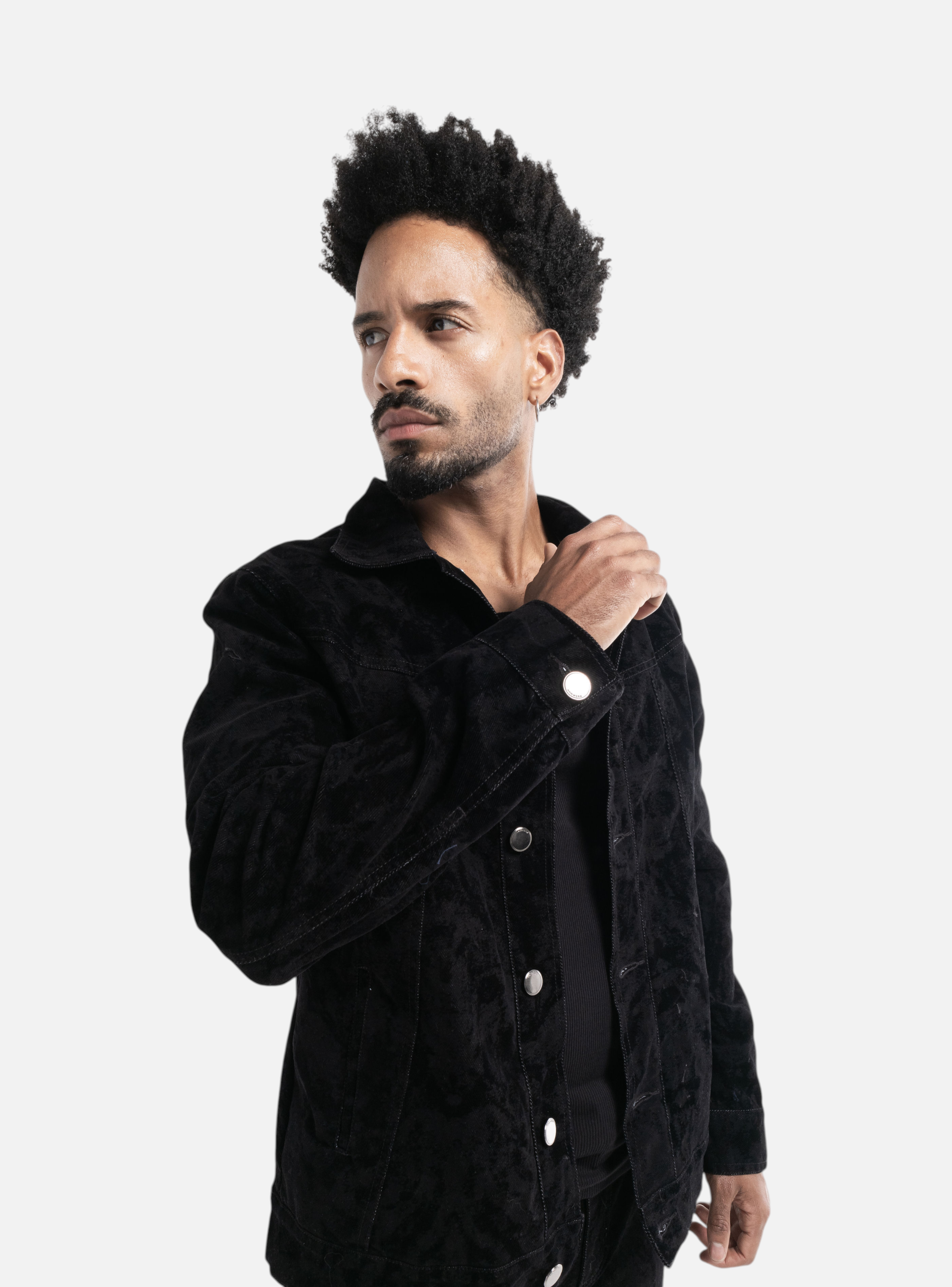 Fxckboy black velvet regular fit jacket with panther texture and classic collar.