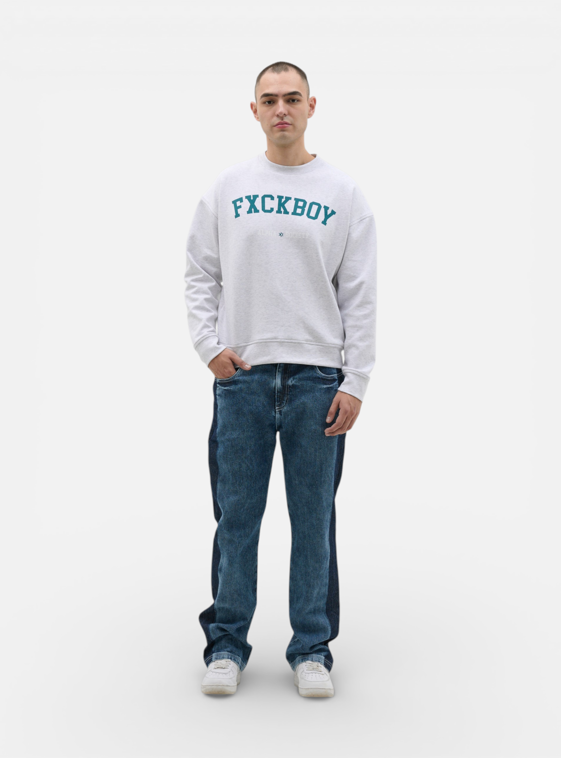 Fxckboy men's regular fit blue corduroy jeans with contrasting dark blue side panels and a straight leg silhouette.