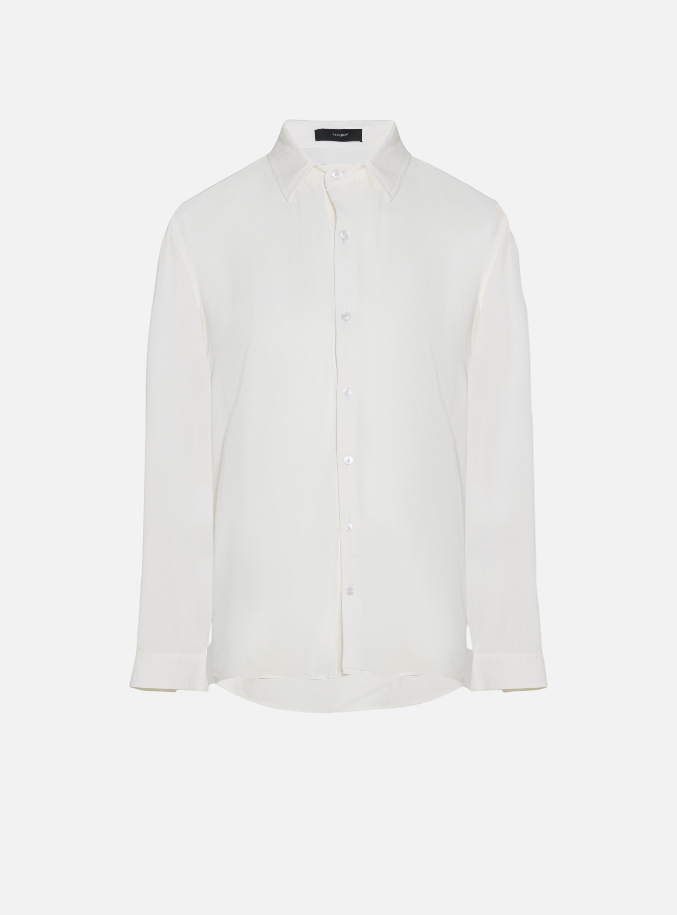 Fxckboy relaxed fit bone white rayon poplin shirt with button-down front and collar.