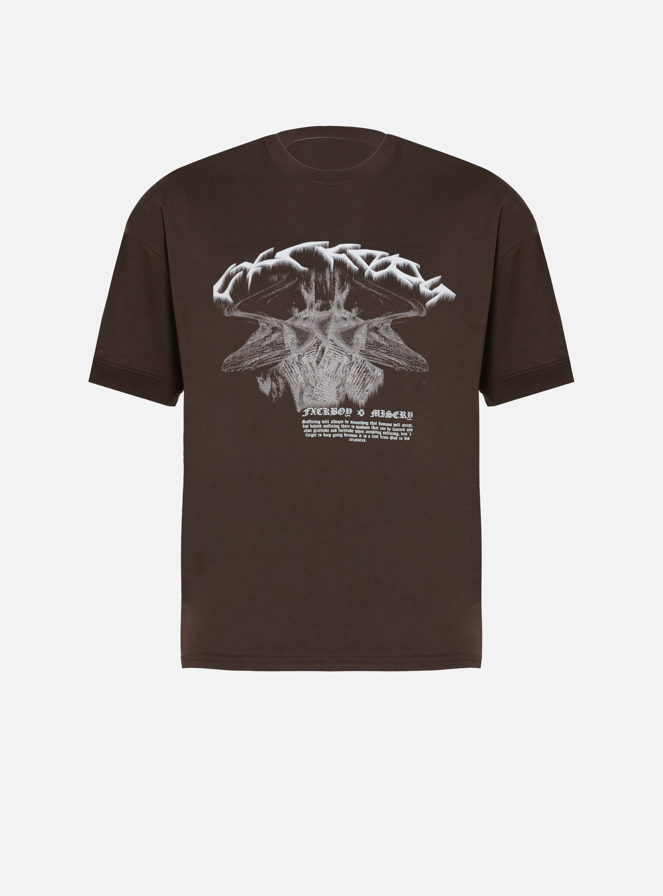 Fxckboy brown cotton boxy fit t-shirt with distressed graphic print and text detail.