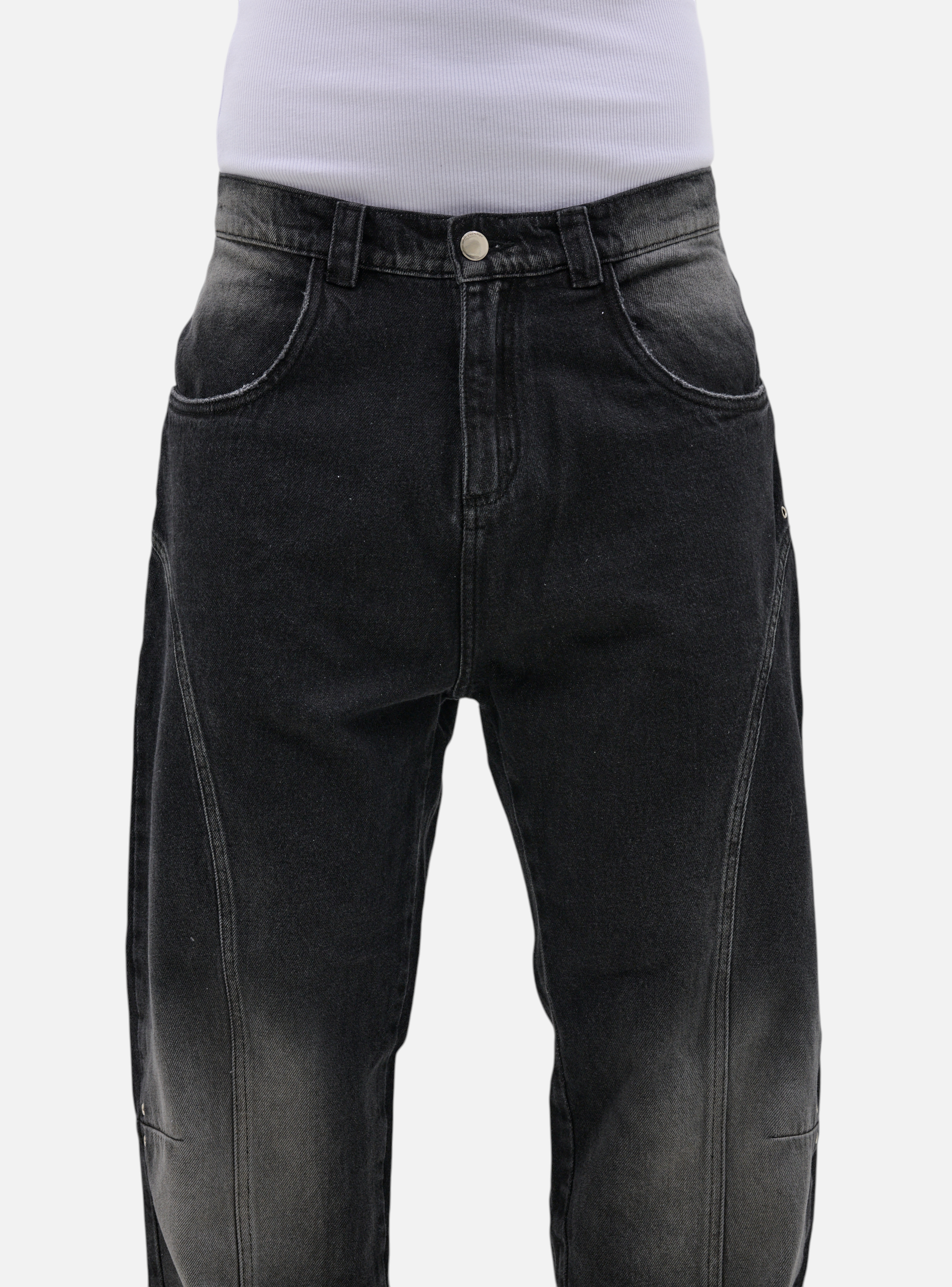 Fxckboy Relaxed System 07 dark grey washed denim jeans with technical design and faded finish.