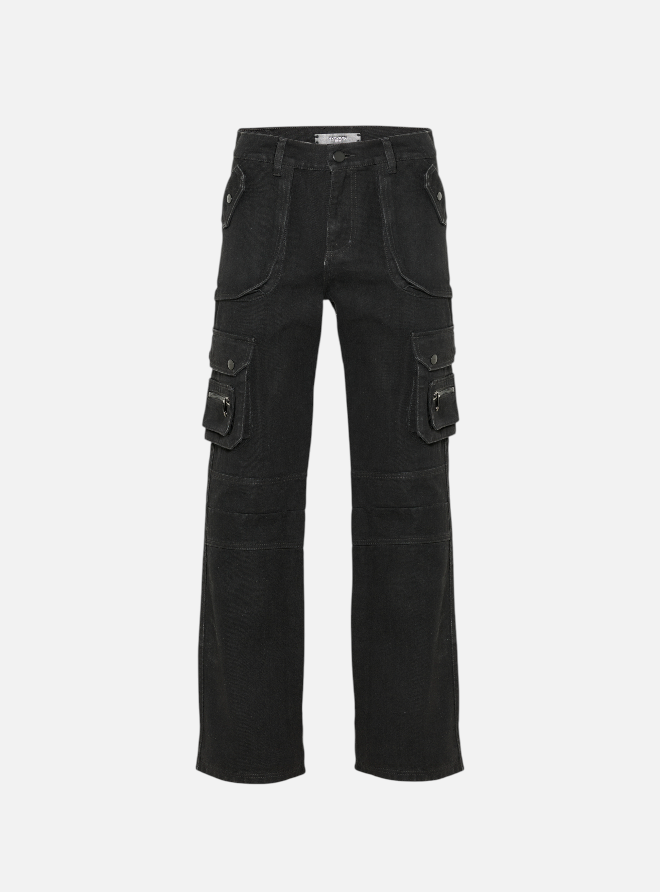 Fxckboy dark wash denim regular fit cargo jeans with multiple pockets and zipper details.