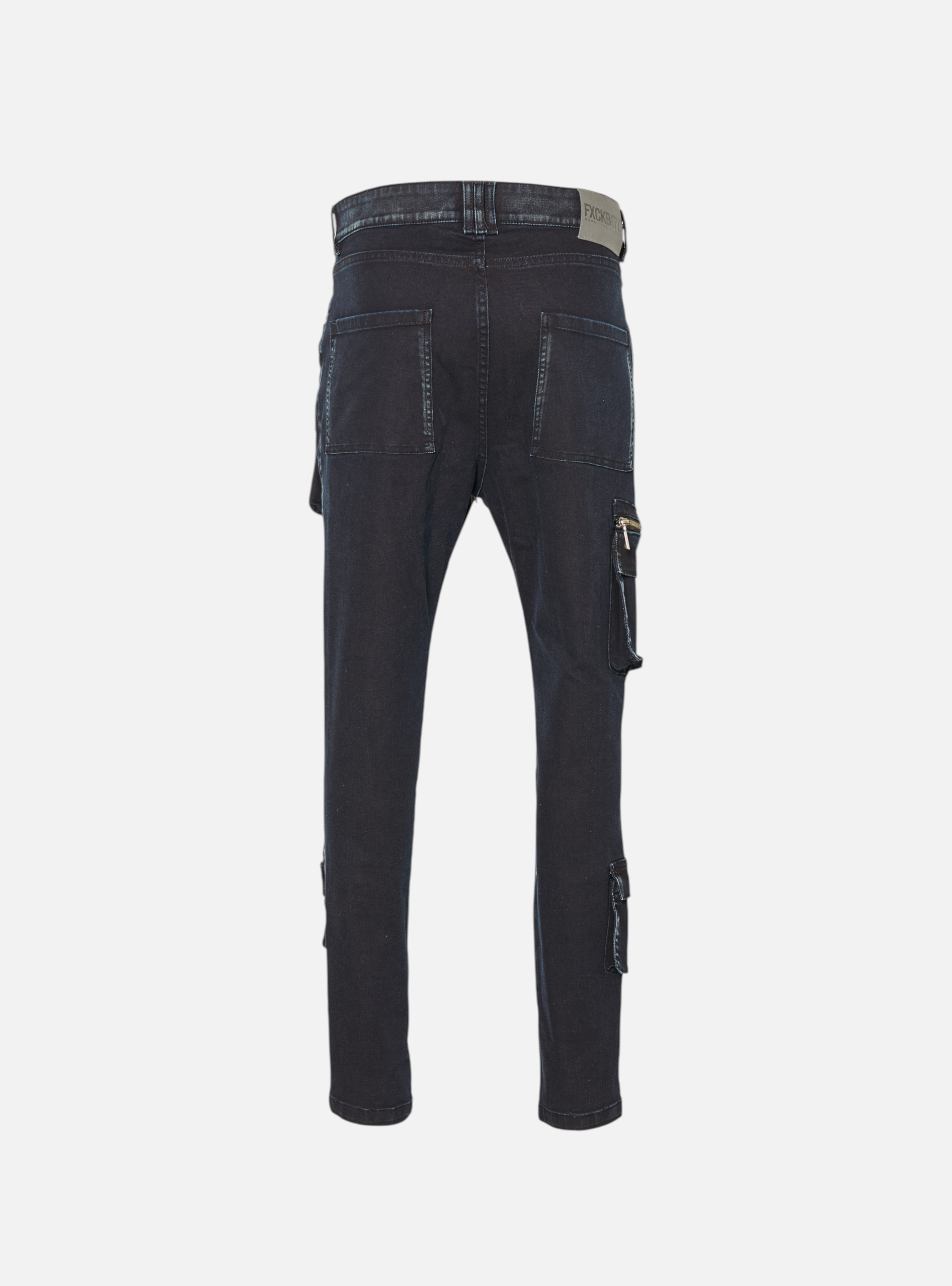 Fxckboy dark wash skinny fit jeans with cargo pockets and zip details. Made from Dakota fabric.