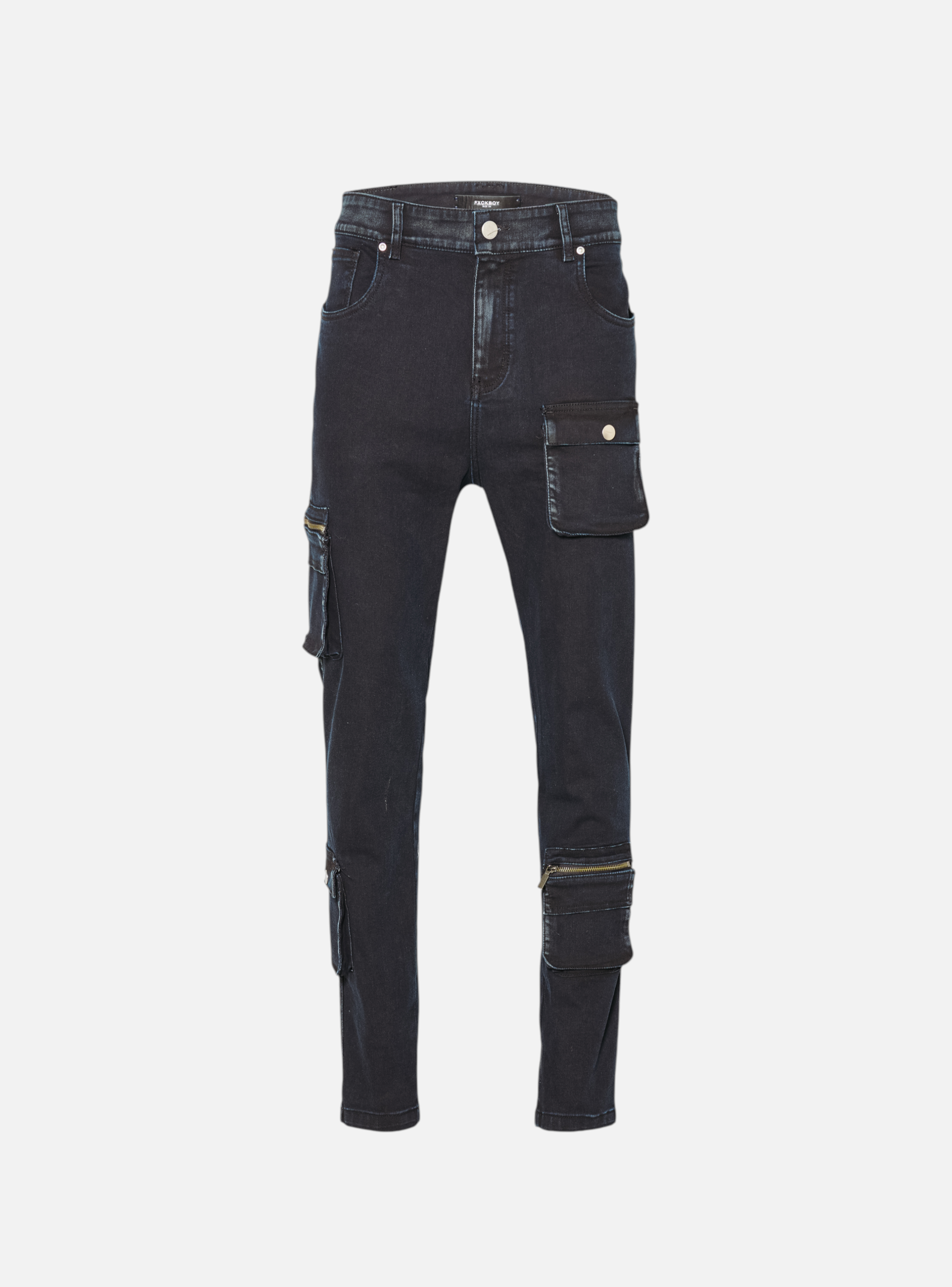 Fxckboy dark wash skinny fit cargo jeans with zippered pockets and button closure.