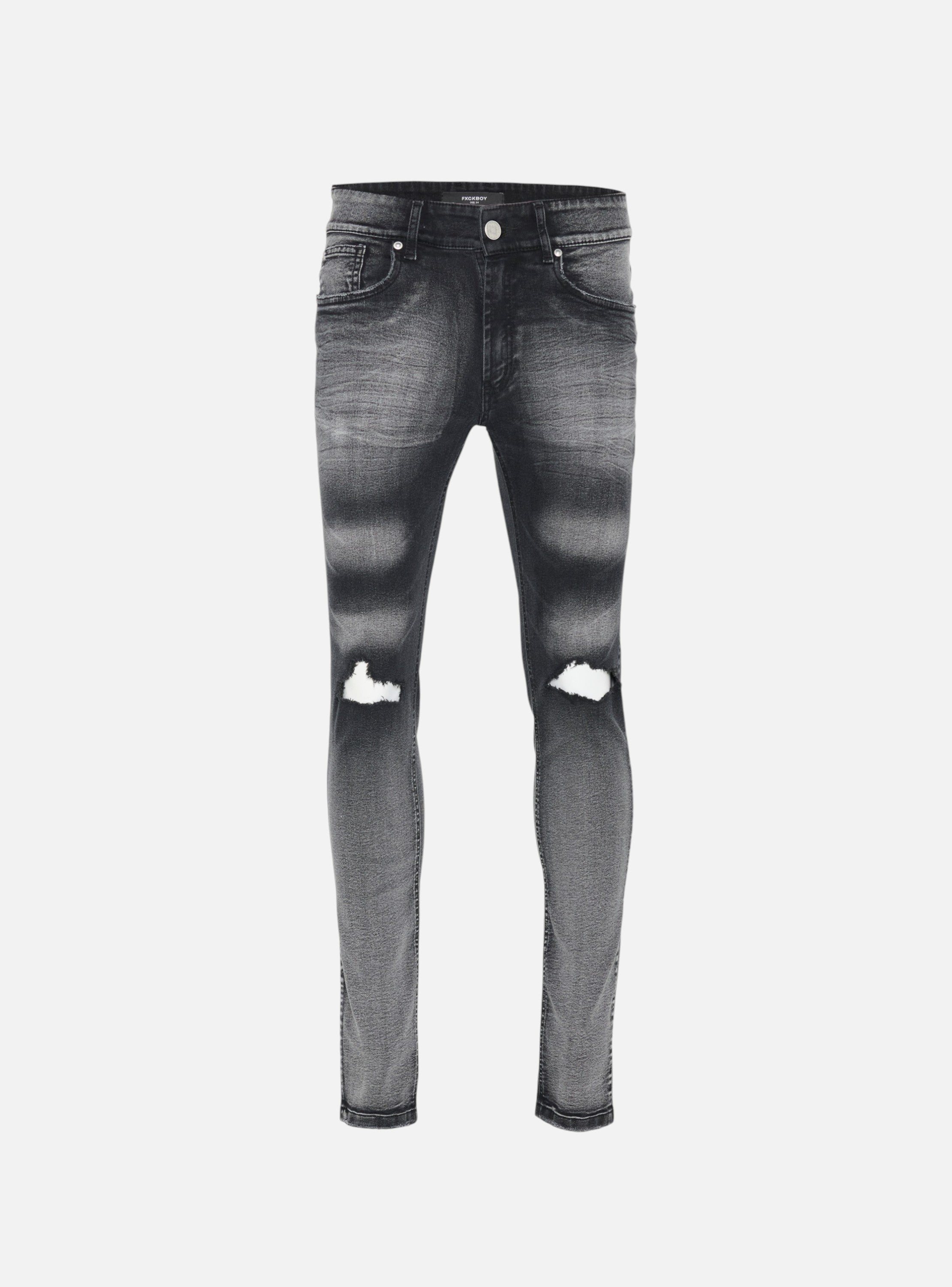 Fxckboy Jeans Super Skinny Rastro Polar grises desgastados con rotos en las rodillas y efecto degradado lineal blanco.