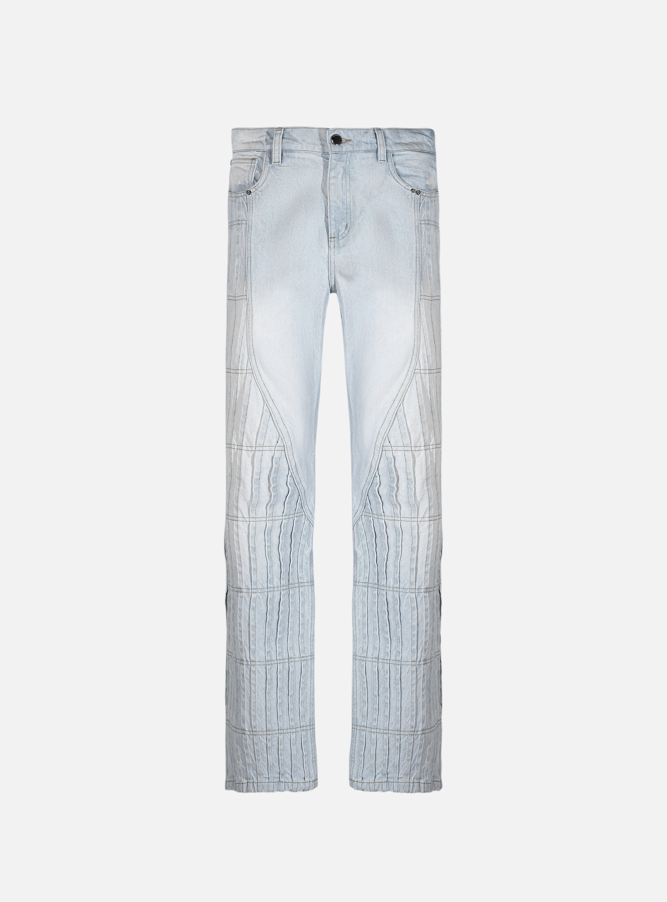 Fxckboy Maison Europe light blue denim jeans with unique vertical seam detailing and a regular fit.