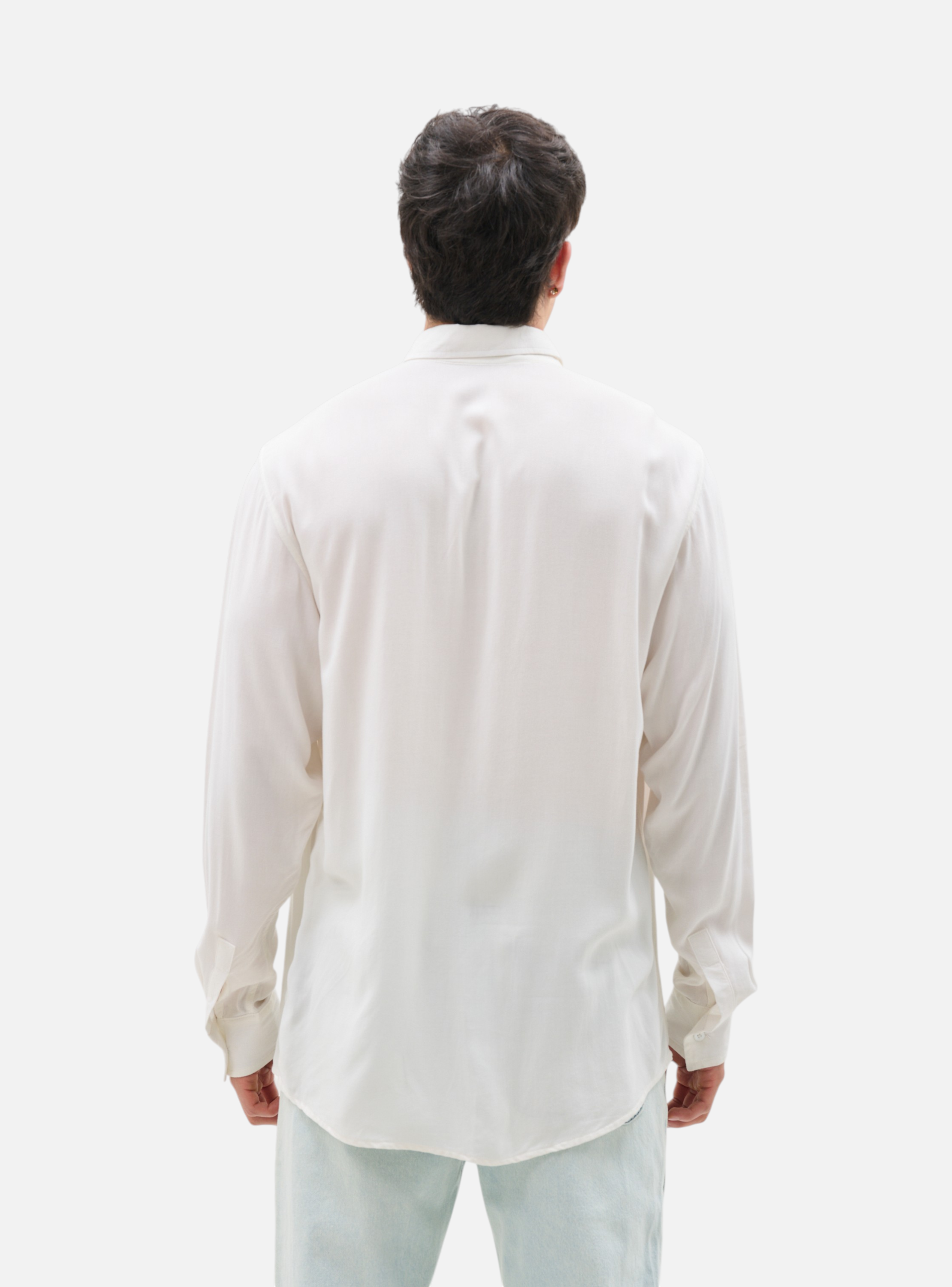 Fxckboy relaxed fit bone white rayon poplin long sleeve shirt for men. Flowy fabric for comfortable wear.