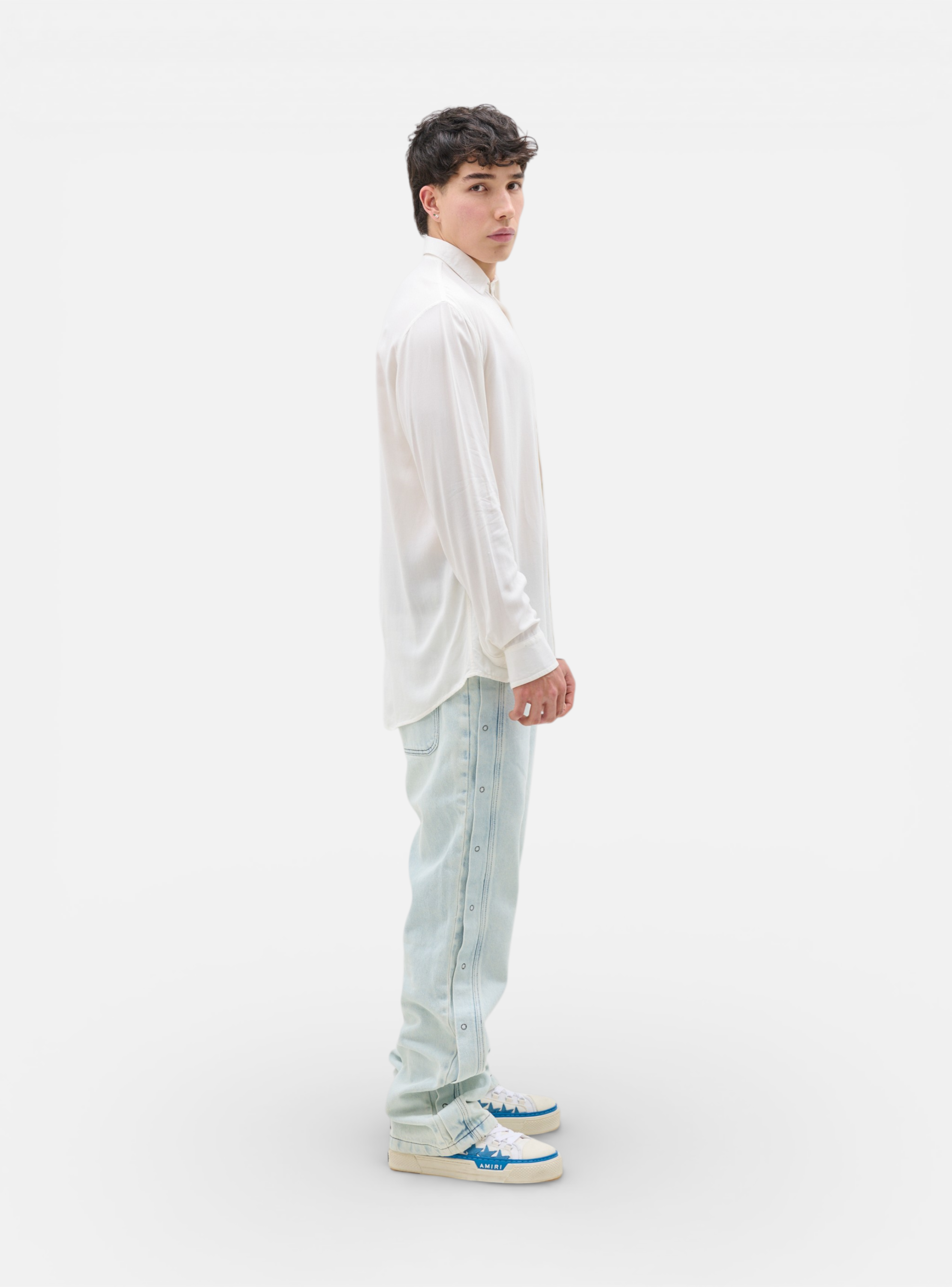 Fxckboy relaxed fit bone white rayon poplin shirt with a fluid drape. Perfect for winter.