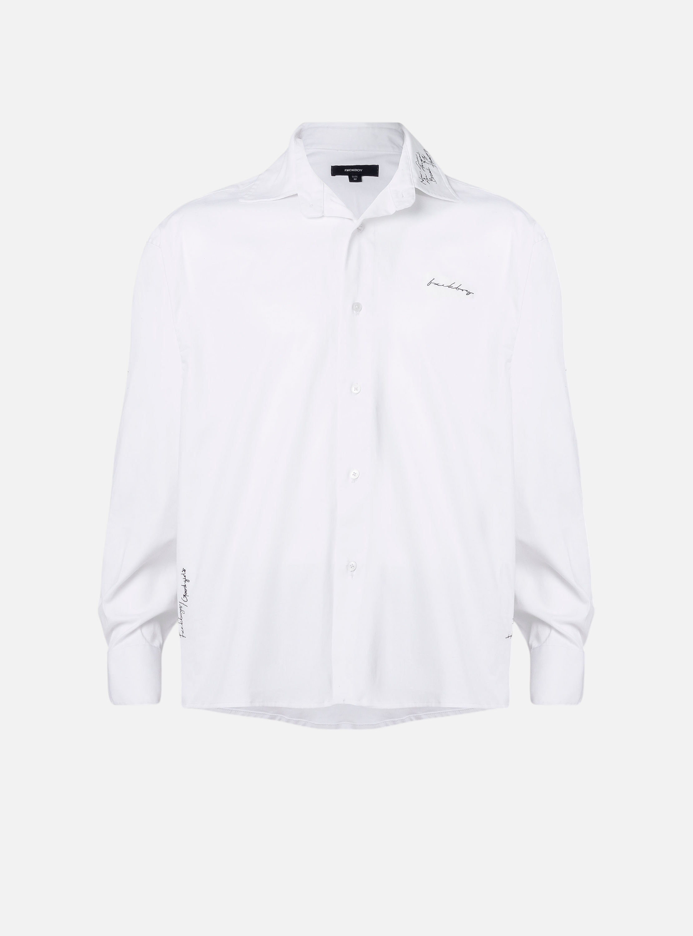 Fxckboy white relaxed fit Japanese style shirt with embroidered details on collar and cuffs. Autumn 2025 collection.