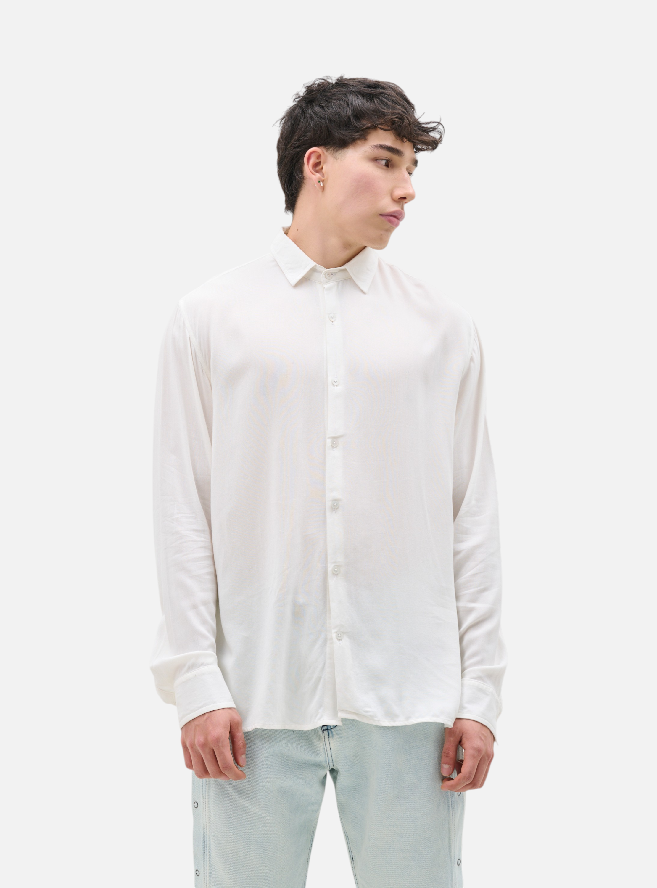 Fxckboy relaxed fit white rayon poplin long-sleeve shirt with button-up front.