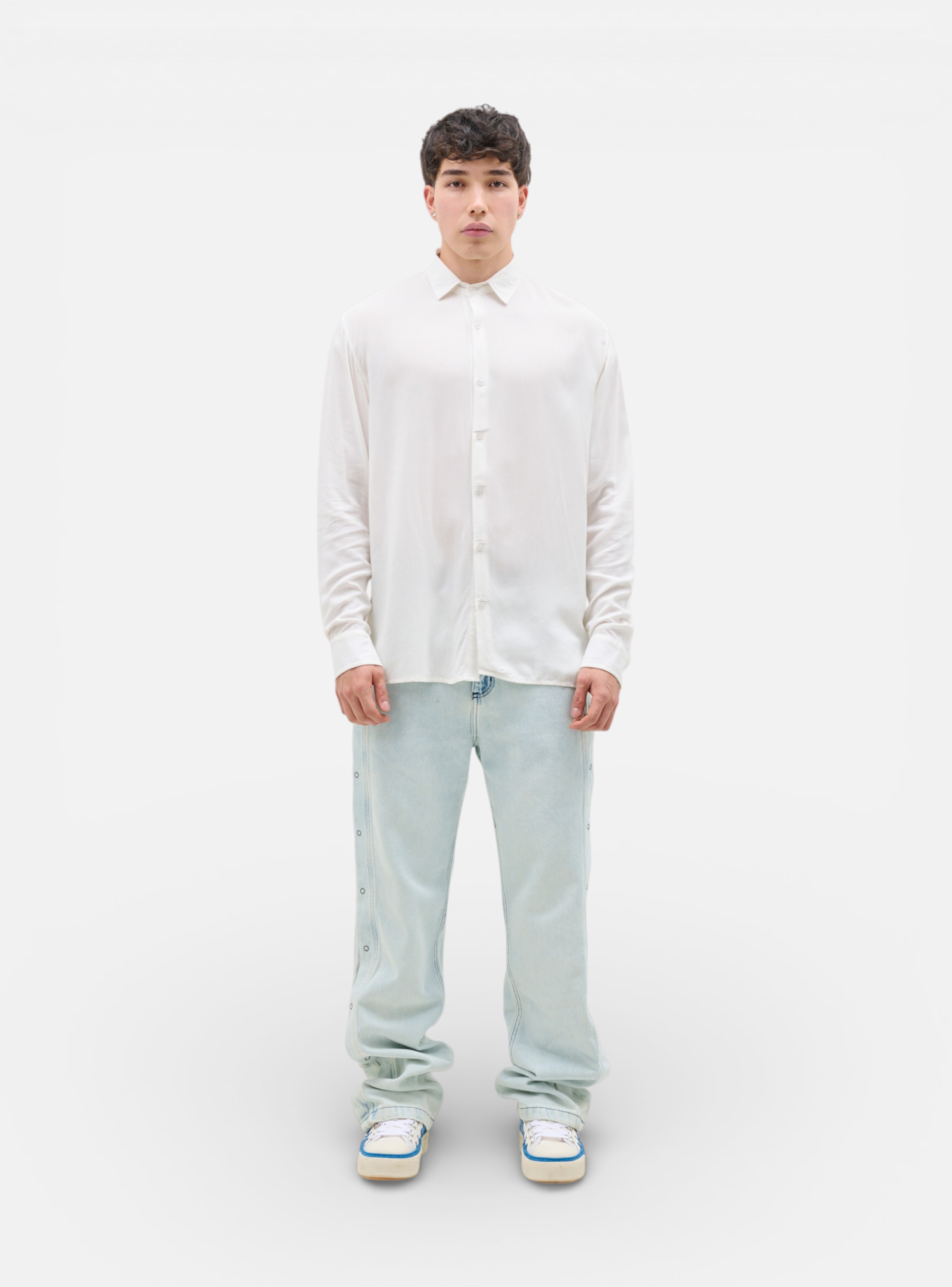 Fxckboy white relaxed fit rayon poplin long-sleeve button-up shirt for men.