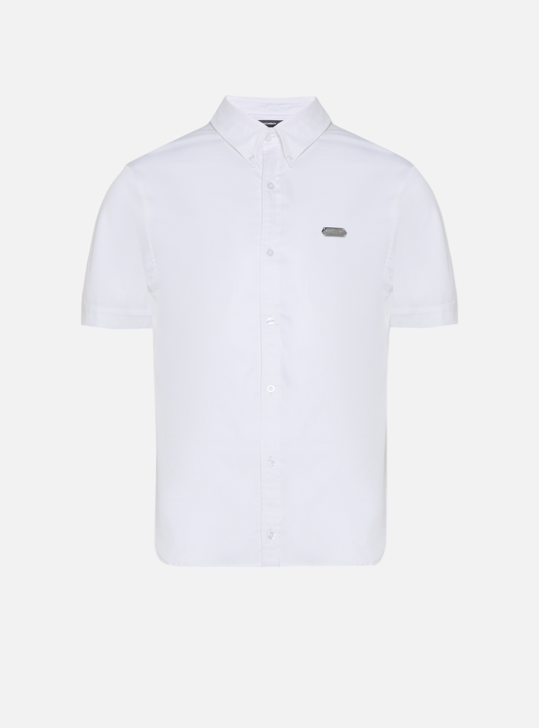 Fxckboy white stretch satin slim fit short sleeve shirt with silver logo detail and button-down collar.